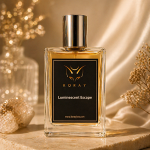Luminescent Escape fragrance bottle displayed against a warm golden backdrop
