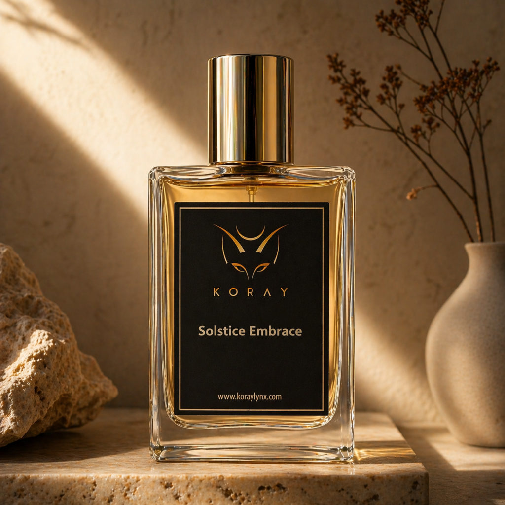 Solstice Embrace fragrance bottle in warm afternoon light